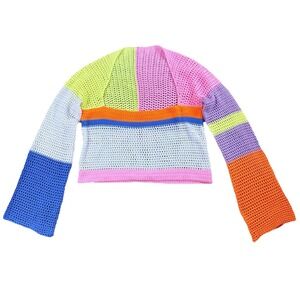 Women's Small Y2K Crochet Colorblock Sweater Pastel Open Knit Festival Top Boho